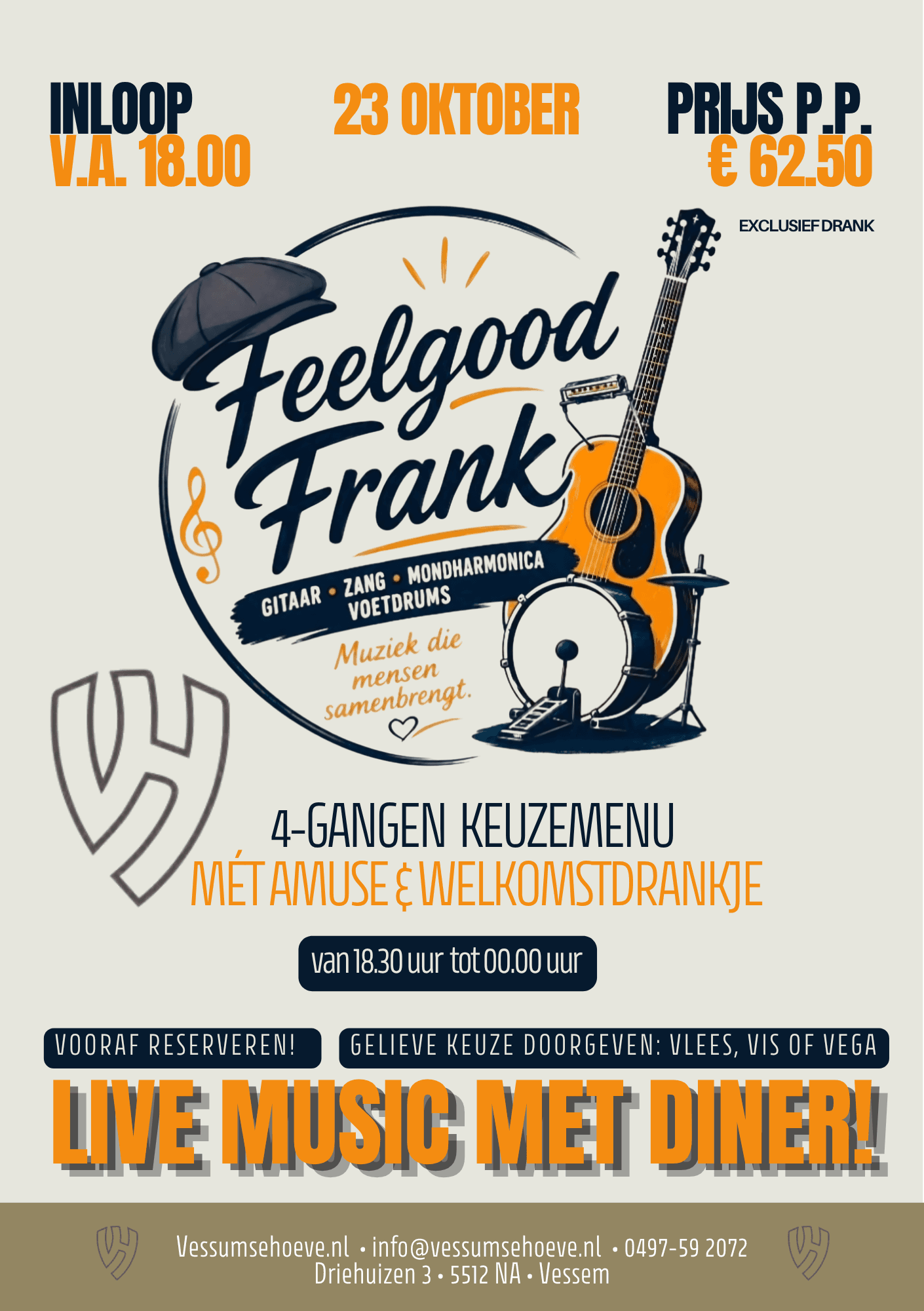 Poster Feel Good Frank live bij de Vèssumse Hoeve op vrijdag 23 oktober