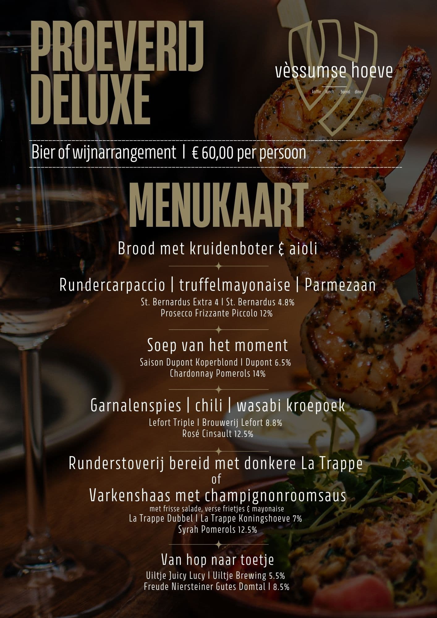Poster Proeverij Deluxe met gegrilde garnalen en een glas wijn
